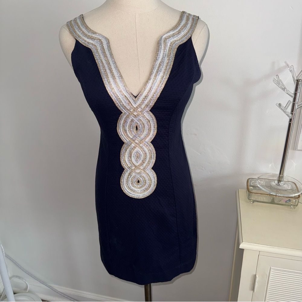 Lilly Pulitzer 0 Valli True Navy Blue Gold Metallic Beautiful Shift Dress